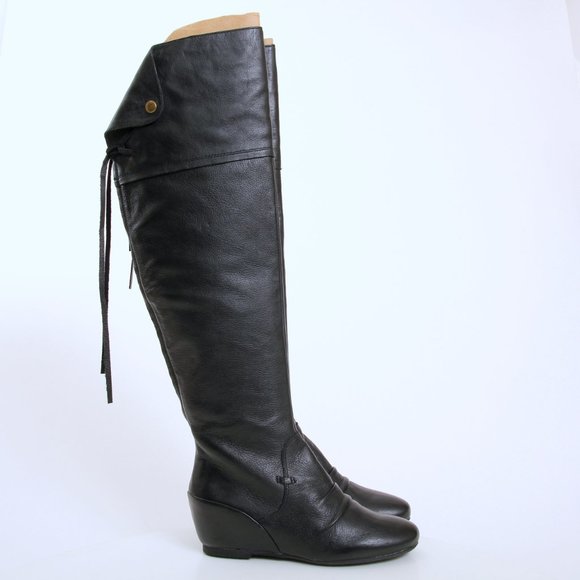 Corso Como Shoes - Corso Como Black Leather Over-the-Knee Lace-Back Wedge Boots